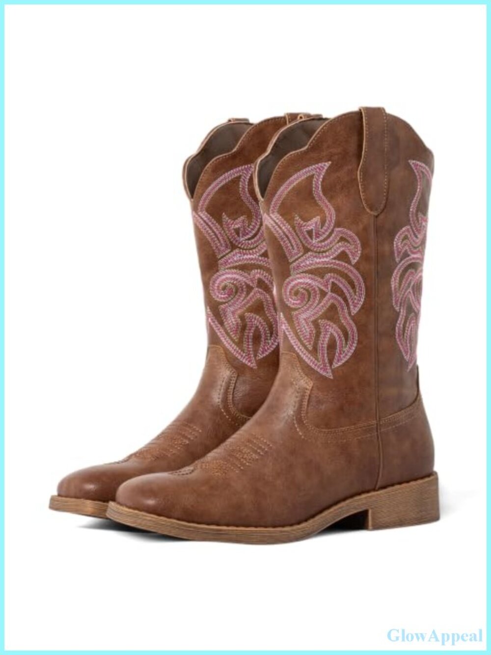 Women's Faux Leather Square Toe Mid-Calf Cowboy Boots Floral Embroidery